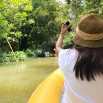 Woman kayaking along a beautiful tropical jungle river in gokarna